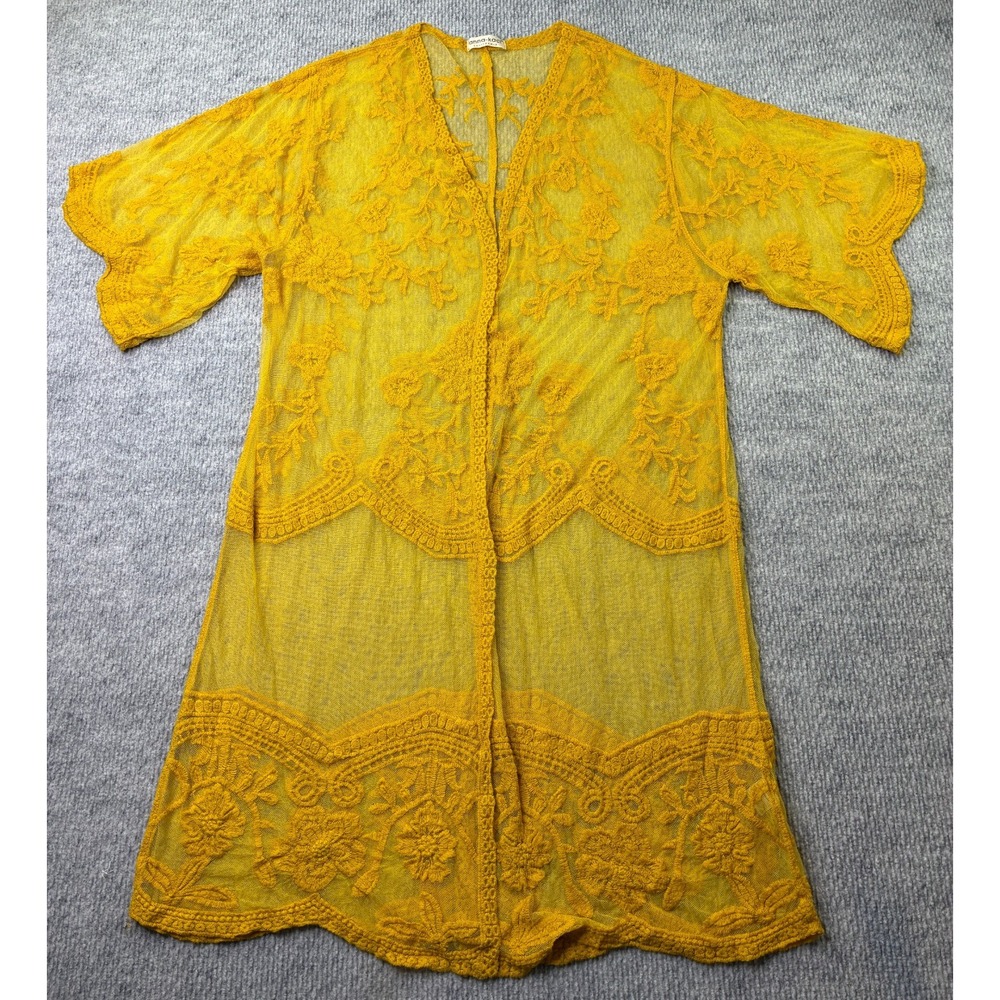 Anna-Kaci Mustard Yellow Floral Embroidered Lace Kimono Duster Cardigan Boho OS